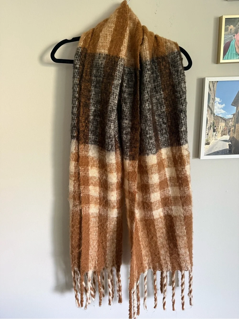 Oversized Brown, Tan, Orange and White plaid blanket scarf, alpaca fur